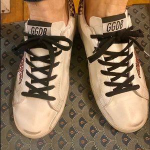Golden Goose Superstars: White leather pink glitter stars/python leather tabs